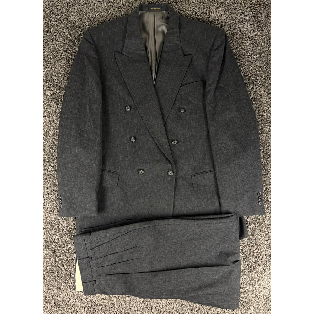 Vintage Monsieur Givenchy Suit Mens Charcoal Gray Wool Pinstripe Double Breasted